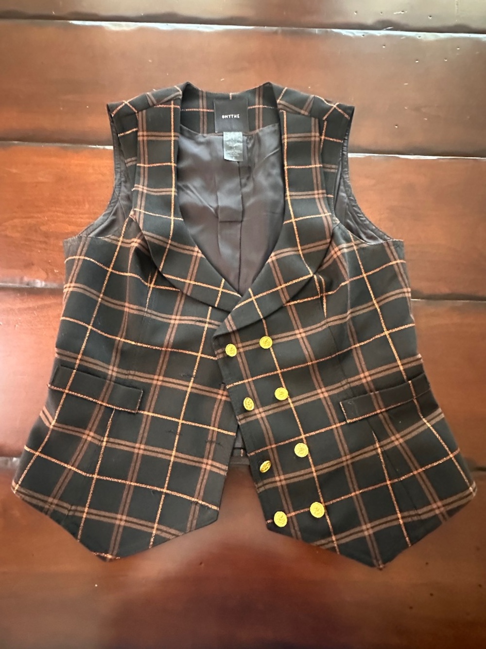 Smythe Brown & Copper Metallic Windowpane Vest & Bootcut Trouser Suit Set Size 8